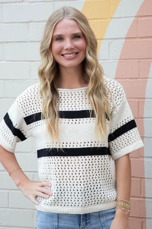 Jolene Openwork Tee, Black/Chalk Stripe | Sanctuary sold by North & Main Clothing Company