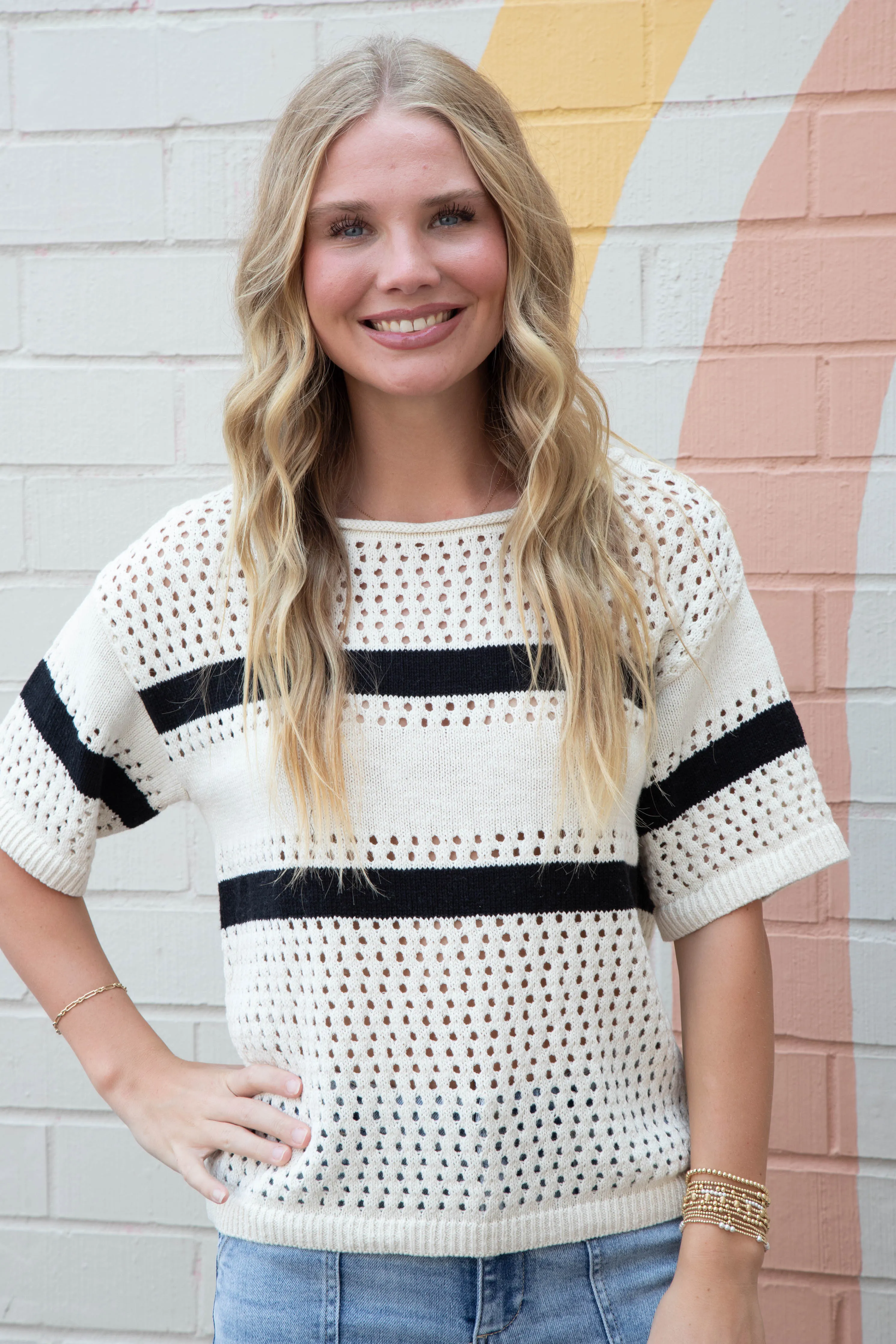 Jolene Openwork Tee, Black/Chalk Stripe | Sanctuary sold by North & Main Clothing Company