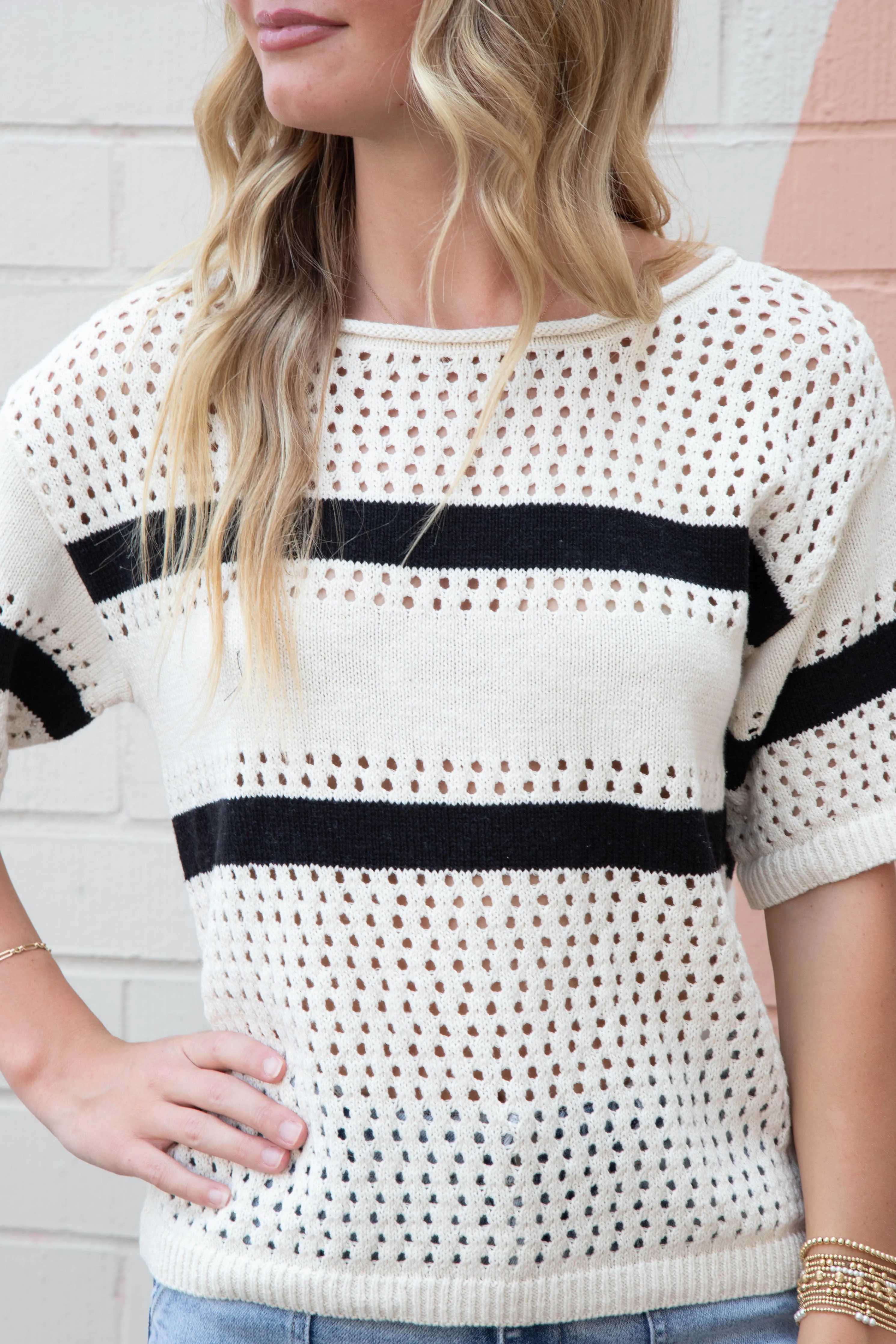 Jolene Openwork Tee, Black/Chalk Stripe | Sanctuary sold by North & Main Clothing Company product image thumbnail 3