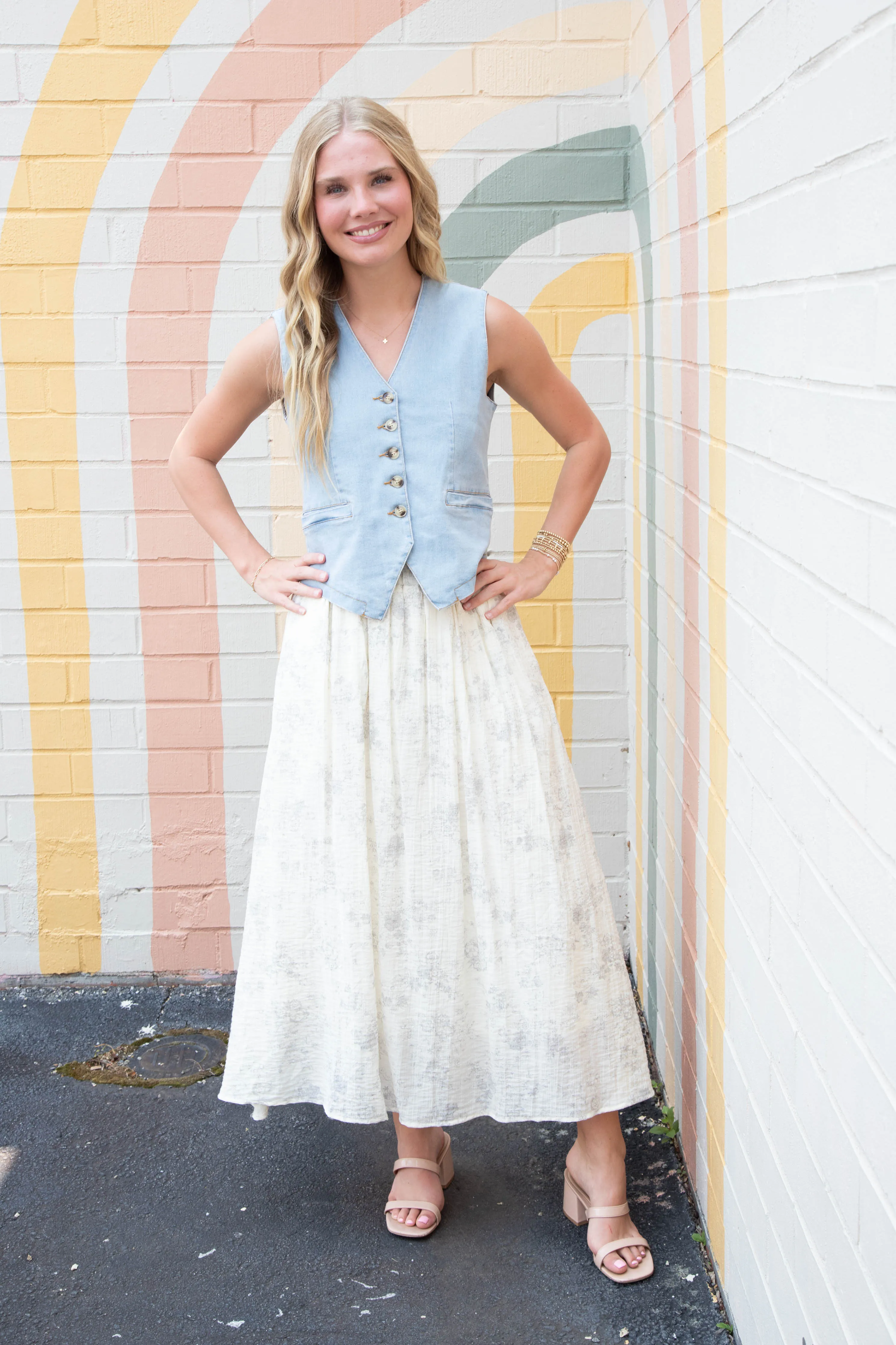 Della Floral Ruffle Waist Midi Skirt, Cream sold by North & Main Clothing Company product image thumbnail 2