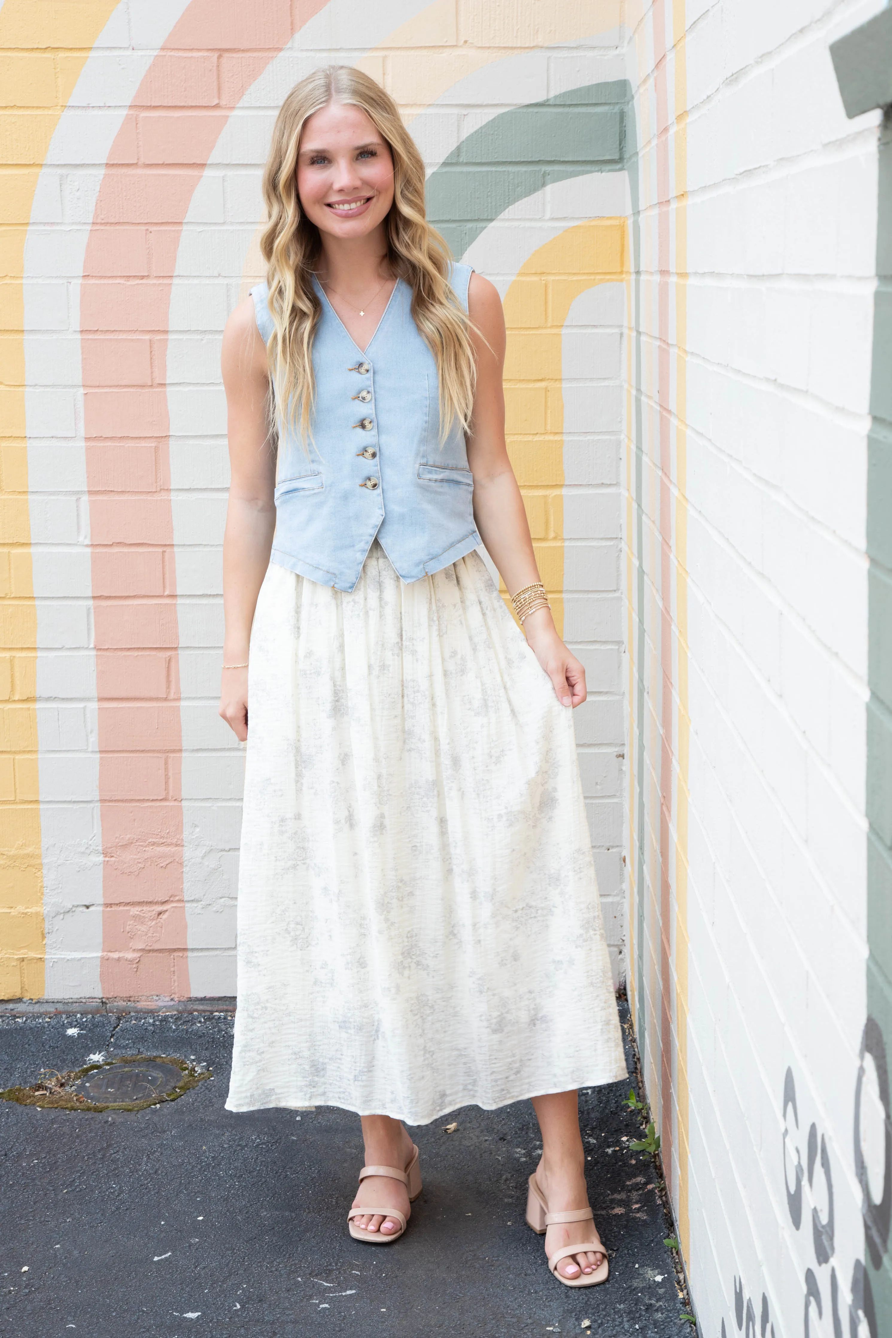 Della Floral Ruffle Waist Midi Skirt, Cream sold by North & Main Clothing Company product image thumbnail 3