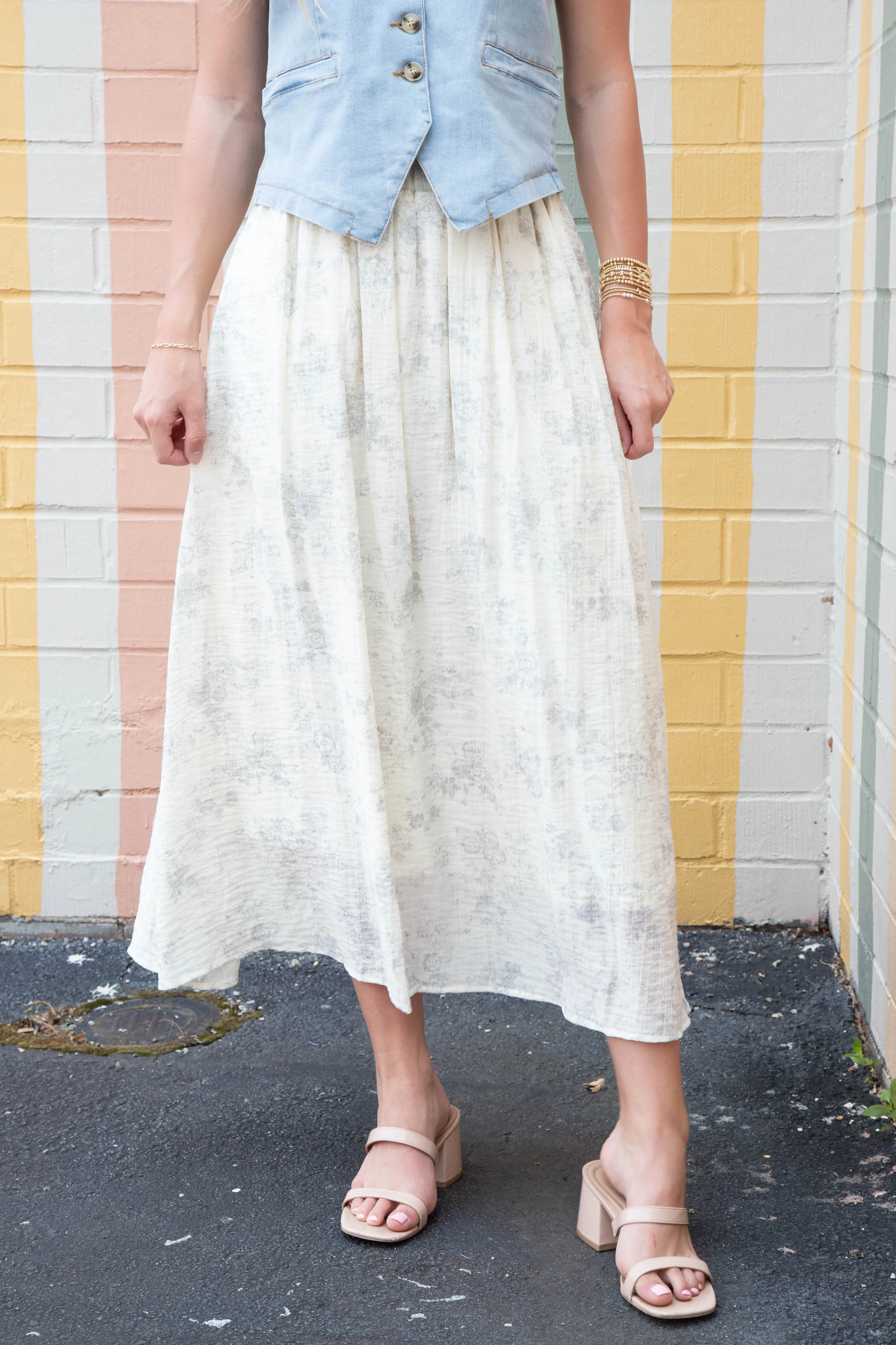 Della Floral Ruffle Waist Midi Skirt, Cream sold by North & Main Clothing Company