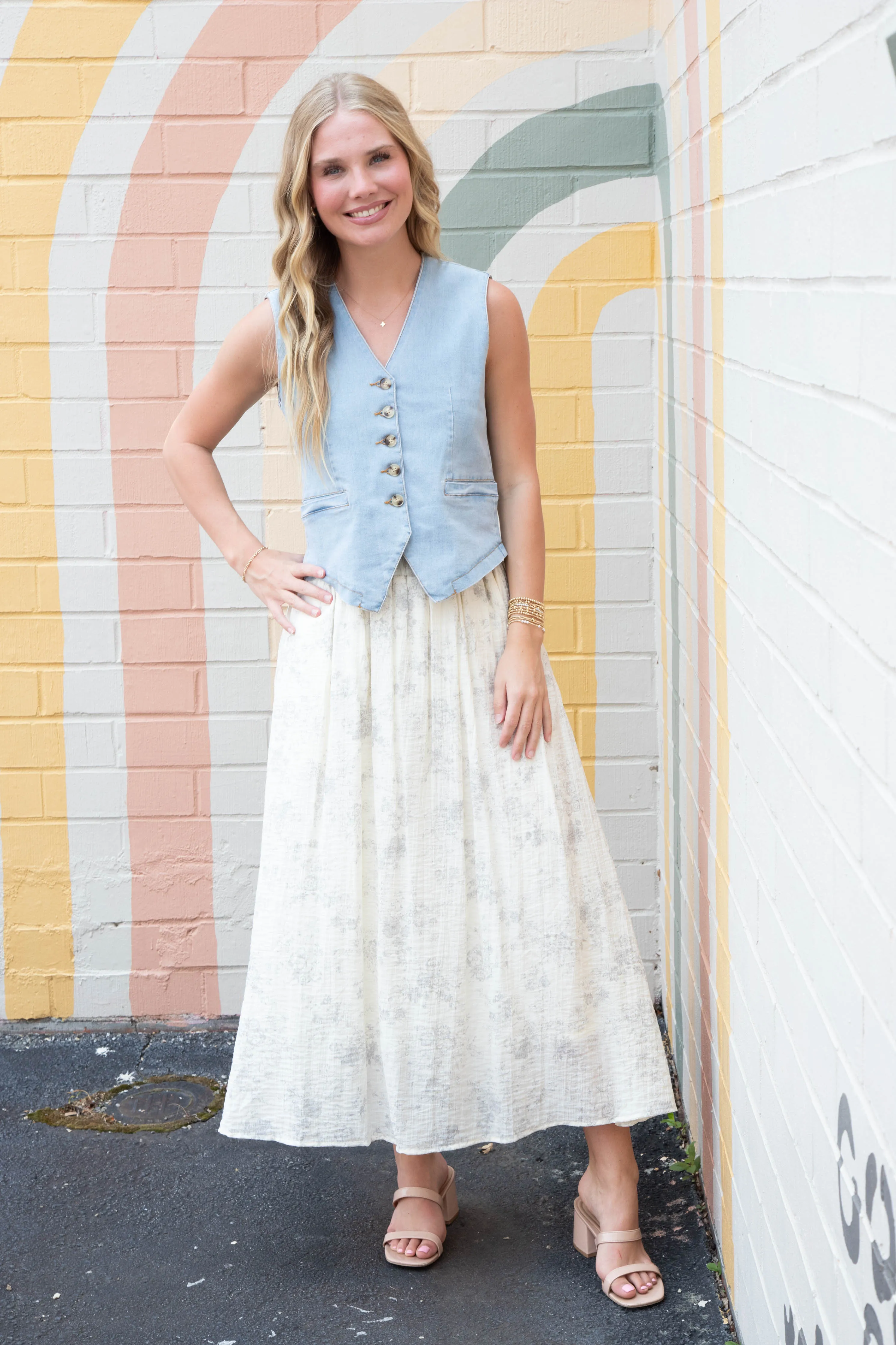 Della Floral Ruffle Waist Midi Skirt, Cream sold by North & Main Clothing Company product image thumbnail 4