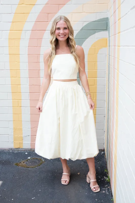 Ainsley Back Tie Top & Bubble Skirt Set, White/Yellow Stripe sold by North & Main Clothing Company