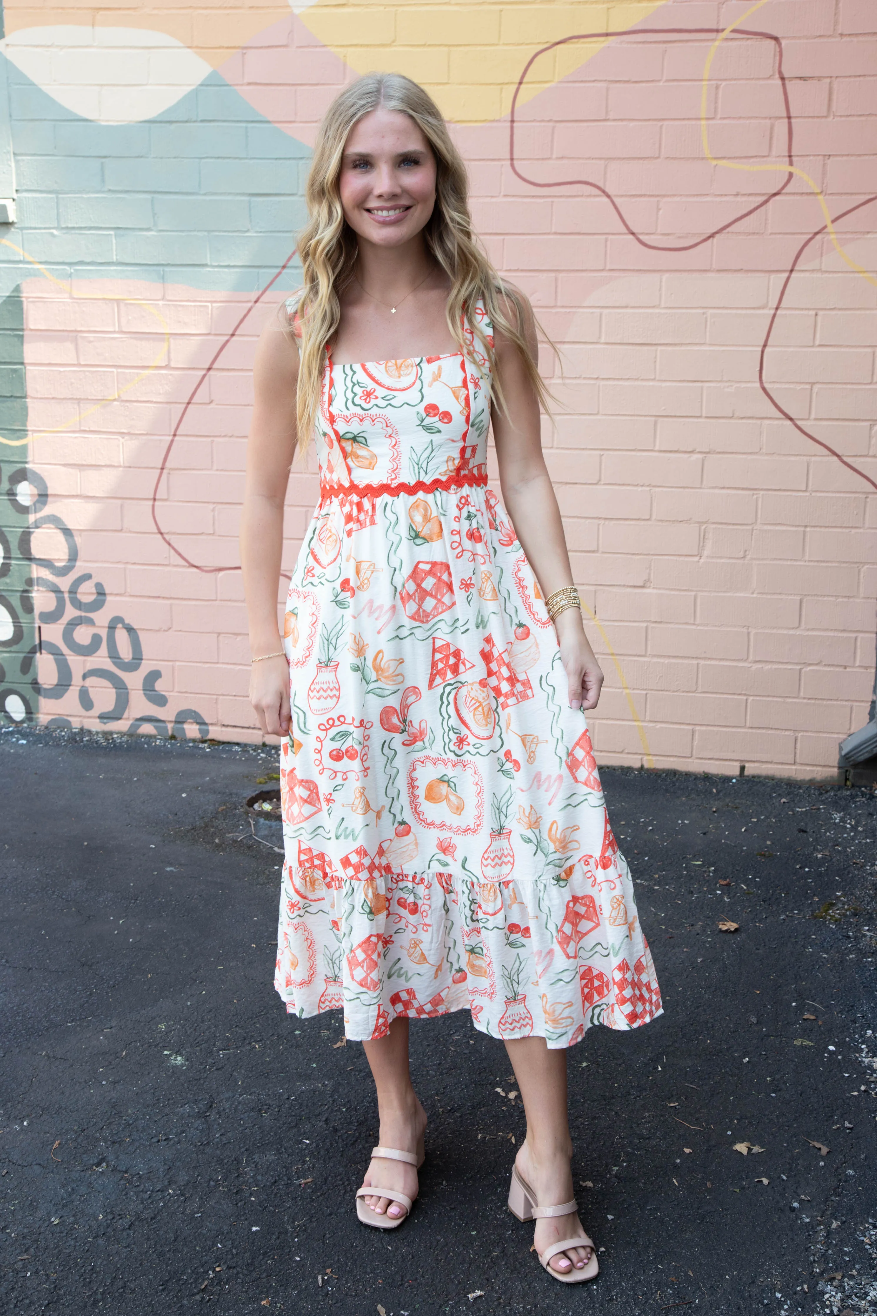 Emberly Picnic Print Scallop Trim Dress, Red sold by North & Main Clothing Company product image thumbnail 3