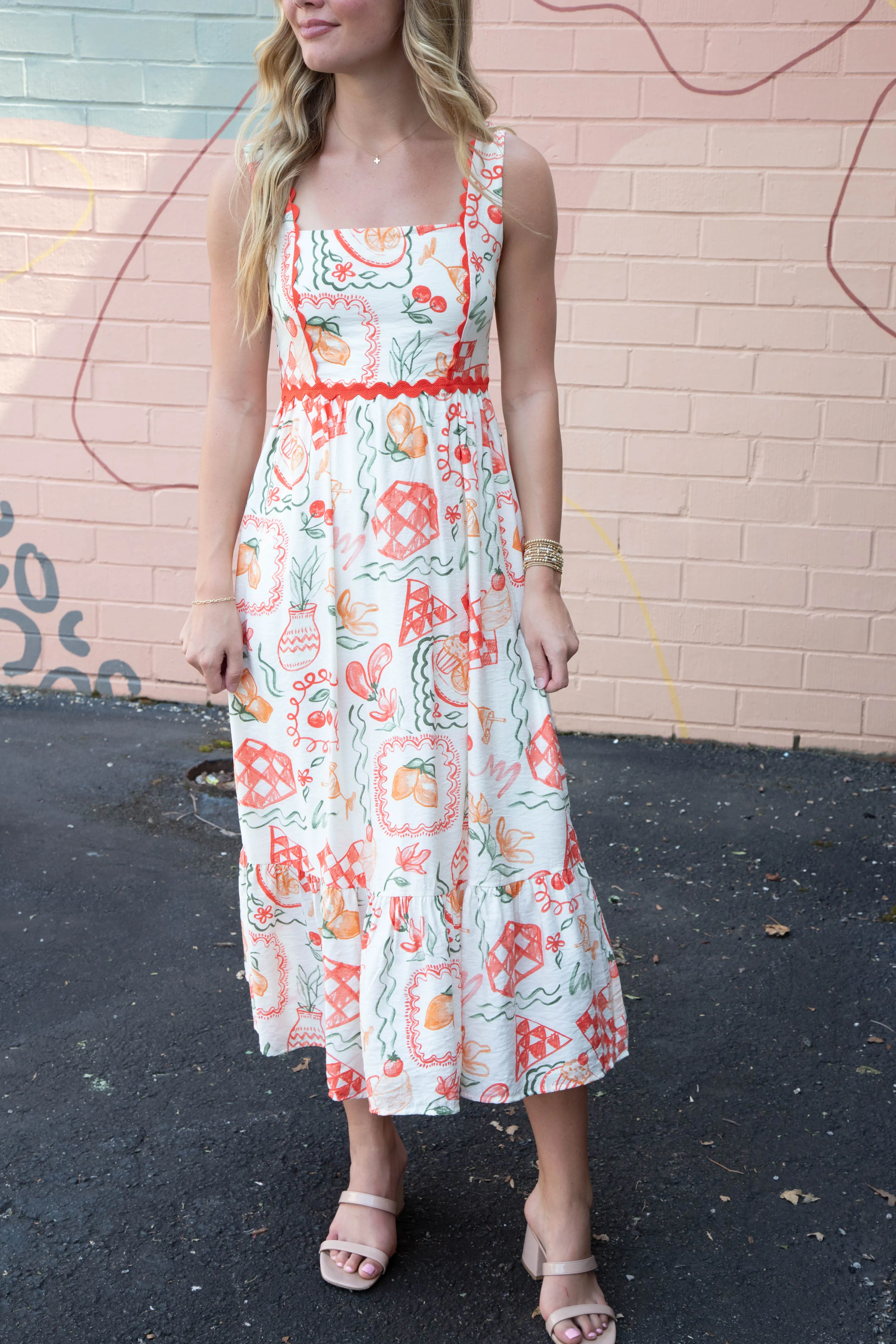 Emberly Picnic Print Scallop Trim Dress, Red sold by North & Main Clothing Company product image thumbnail 5