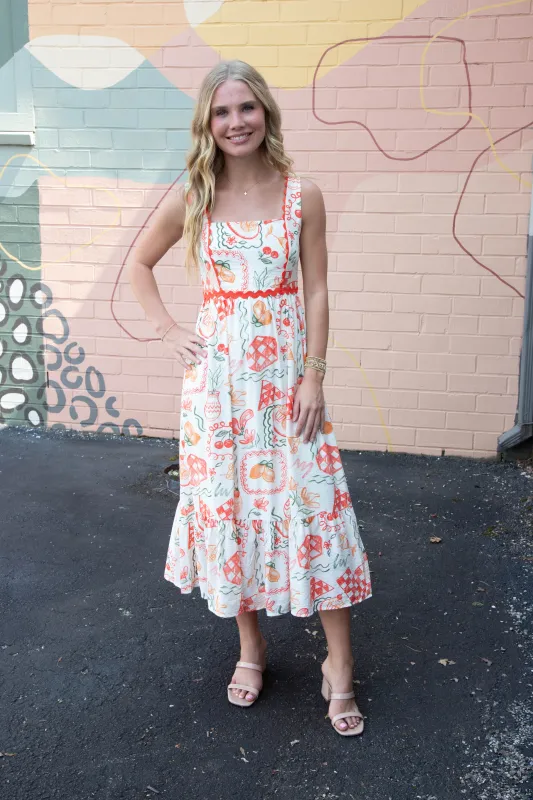 Emberly Picnic Print Scallop Trim Dress, Red sold by North & Main Clothing Company