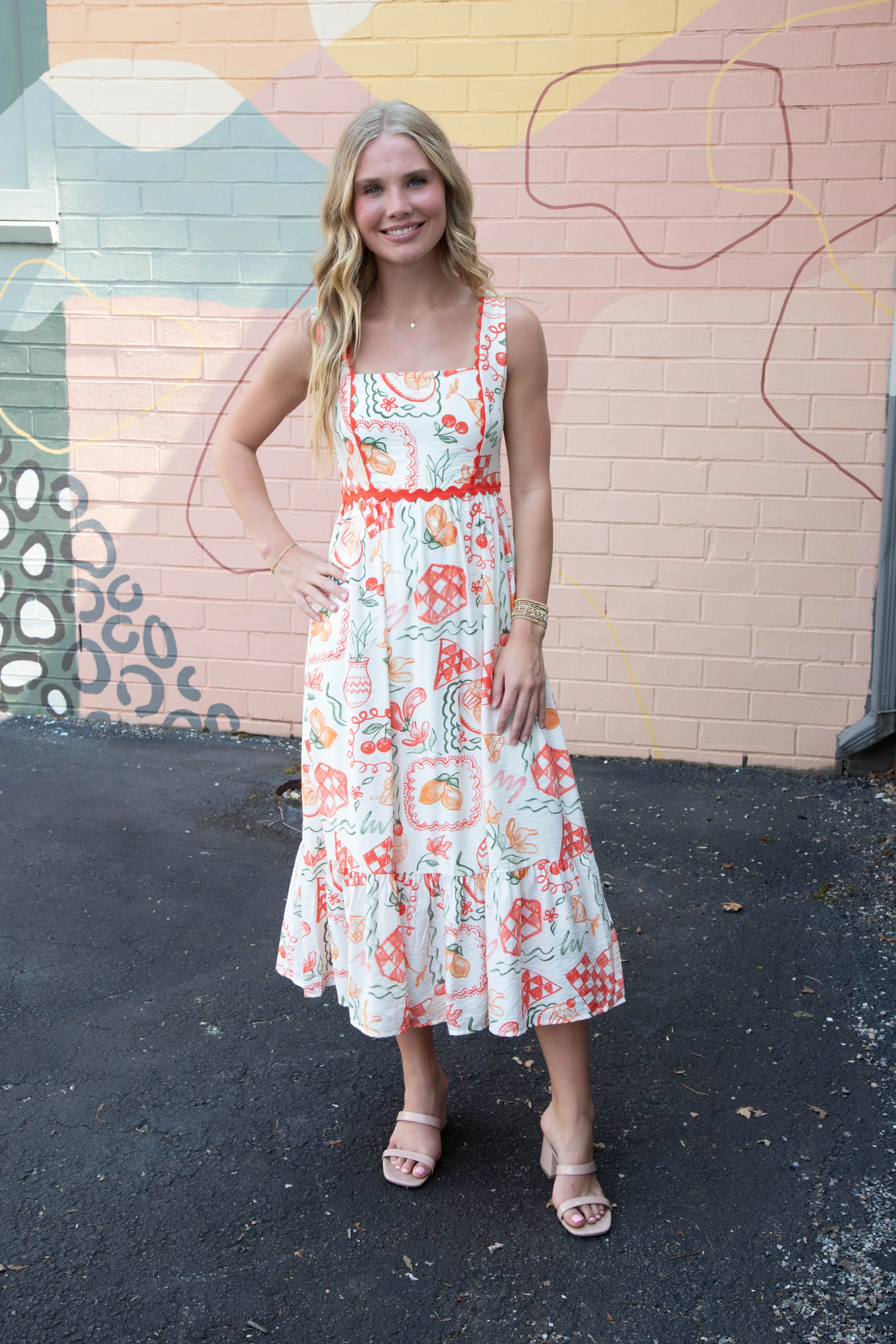 Emberly Picnic Print Scallop Trim Dress, Red sold by North & Main Clothing Company