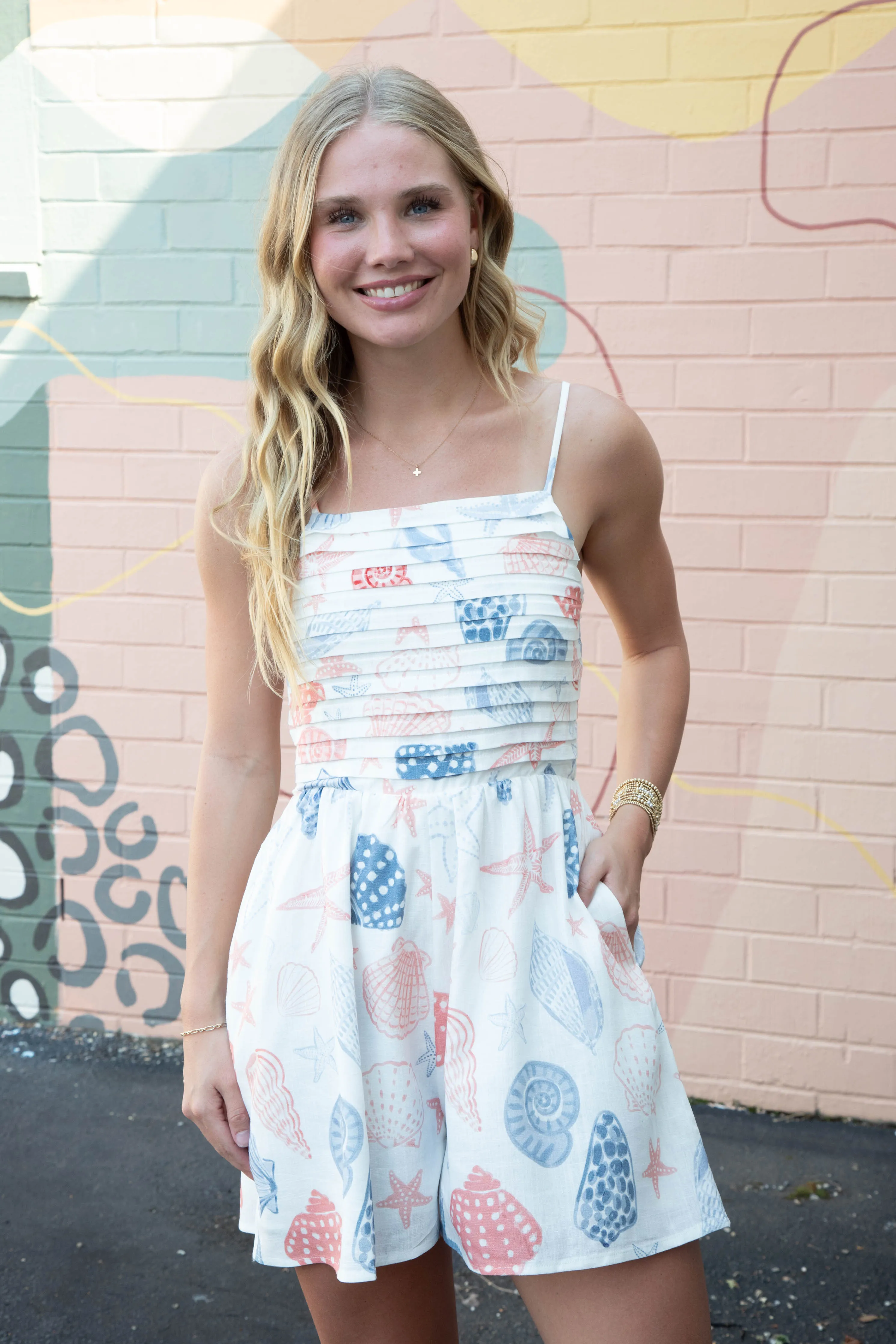 Seashells Pleated Bodice Romper, White Multi | Sadie & Sage sold by North & Main Clothing Company