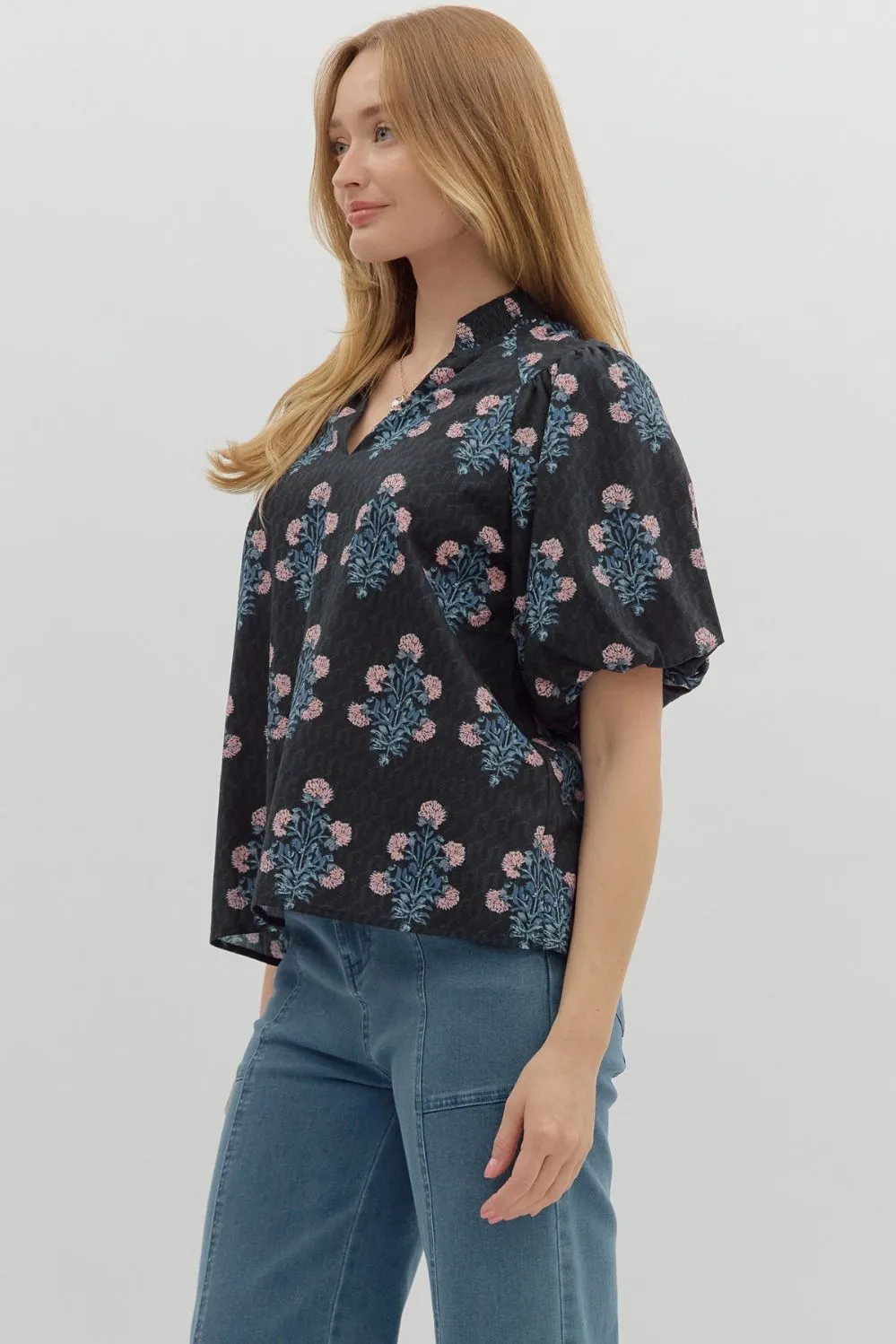 Madison Block Floral Print Top, Black sold by North & Main Clothing Company product image thumbnail 4