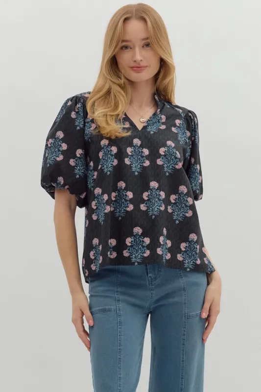 Madison Block Floral Print Top, Black sold by North & Main Clothing Company