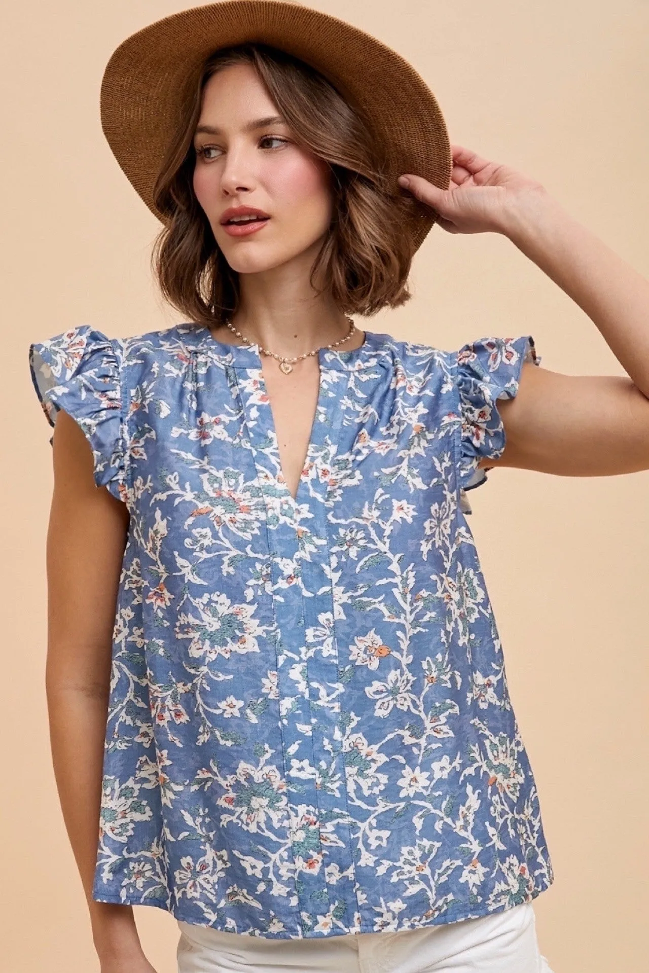 Layla Floral Ruffle Sleeve Blouse, Denim Blue sold by North & Main Clothing Company product image thumbnail 3