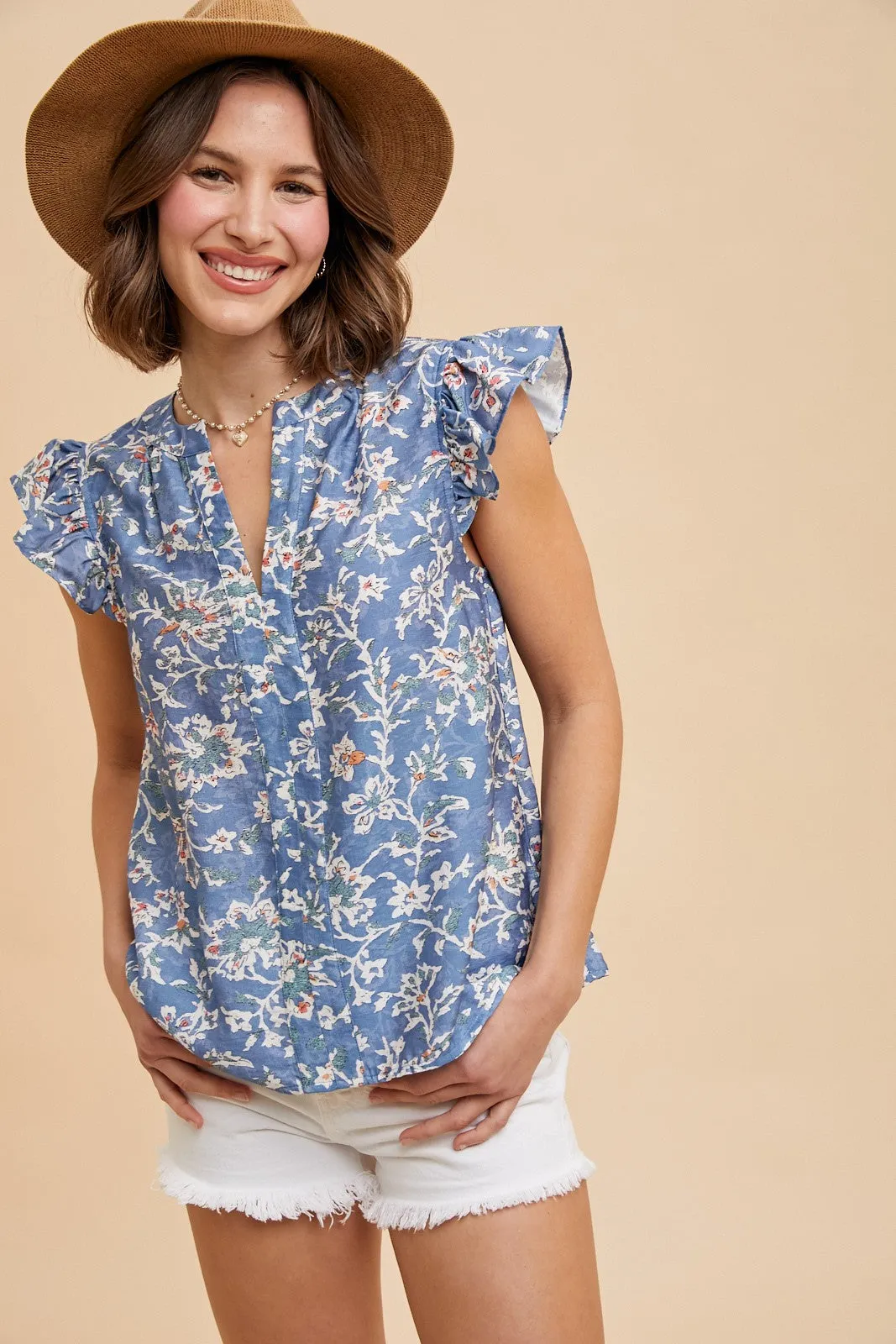 Layla Floral Ruffle Sleeve Blouse, Denim Blue sold by North & Main Clothing Company