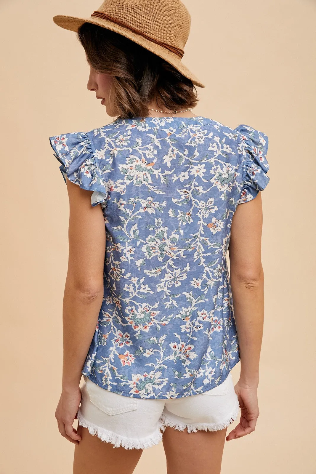 Layla Floral Ruffle Sleeve Blouse, Denim Blue sold by North & Main Clothing Company product image thumbnail 5