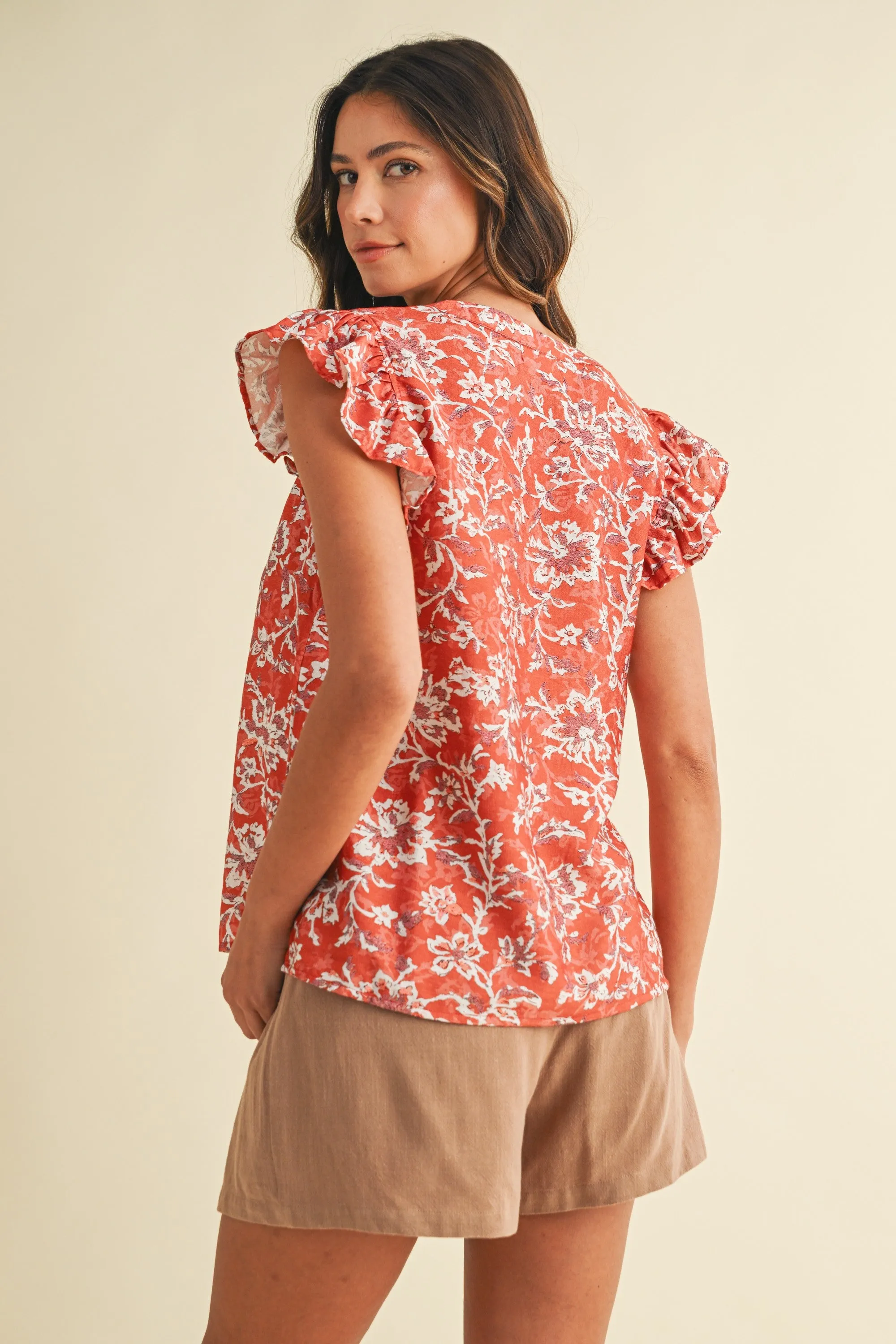 Layla Floral Ruffle Sleeve Blouse, Coral Red sold by North & Main Clothing Company product image thumbnail 5
