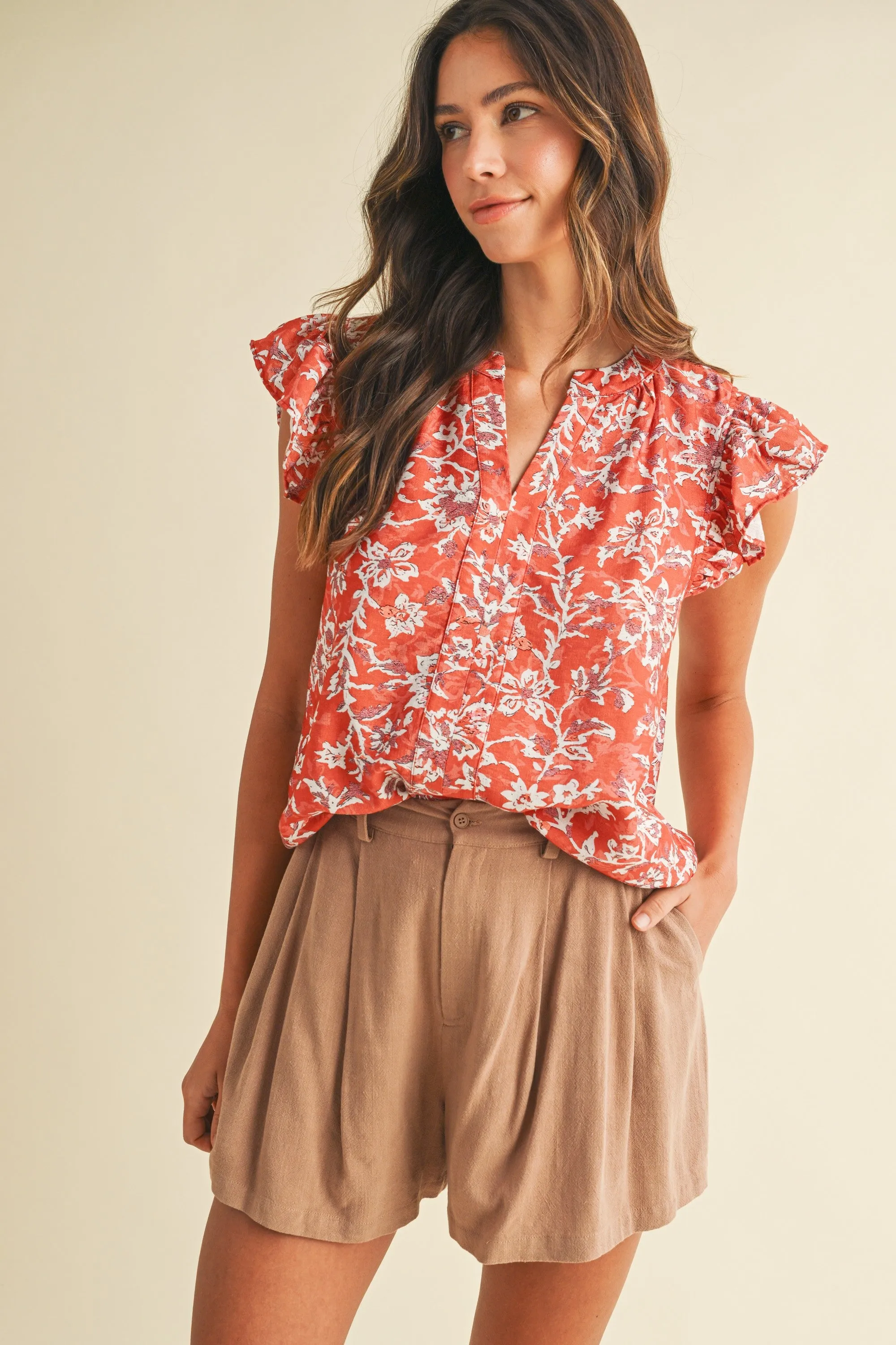 Layla Floral Ruffle Sleeve Blouse, Coral Red sold by North & Main Clothing Company product image thumbnail 3