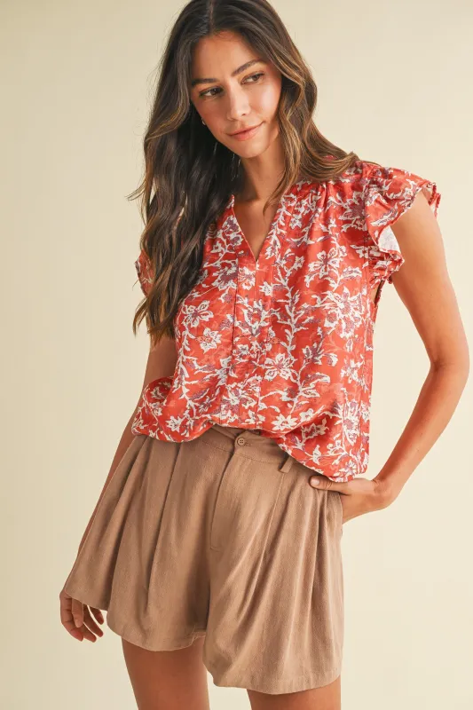 Layla Floral Ruffle Sleeve Blouse, Coral Red sold by North & Main Clothing Company