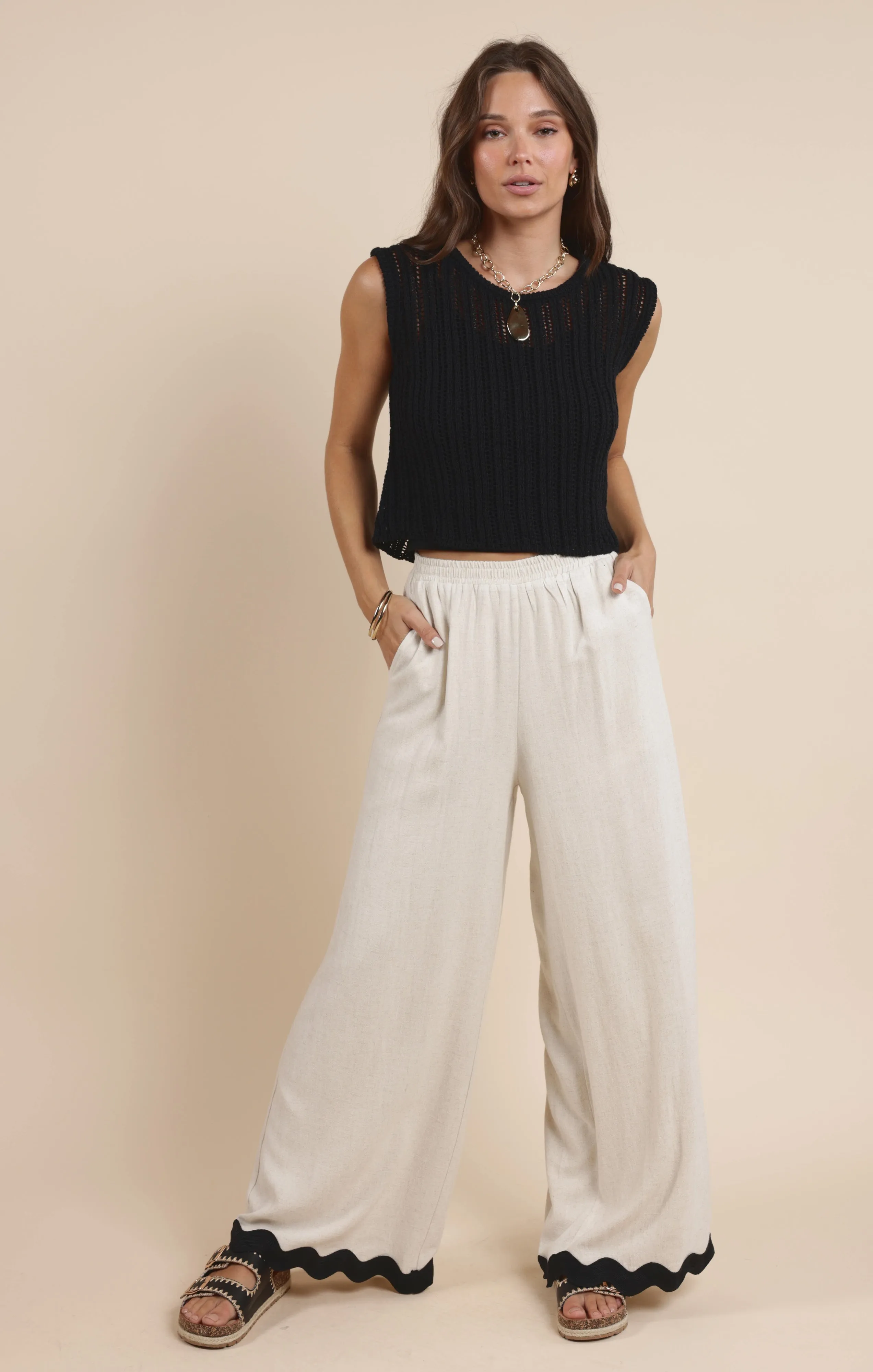 Sugarloaf Wavy Trim Elastic Pants, Oatmeal | Sadie & Sage sold by North & Main Clothing Company product image thumbnail 4