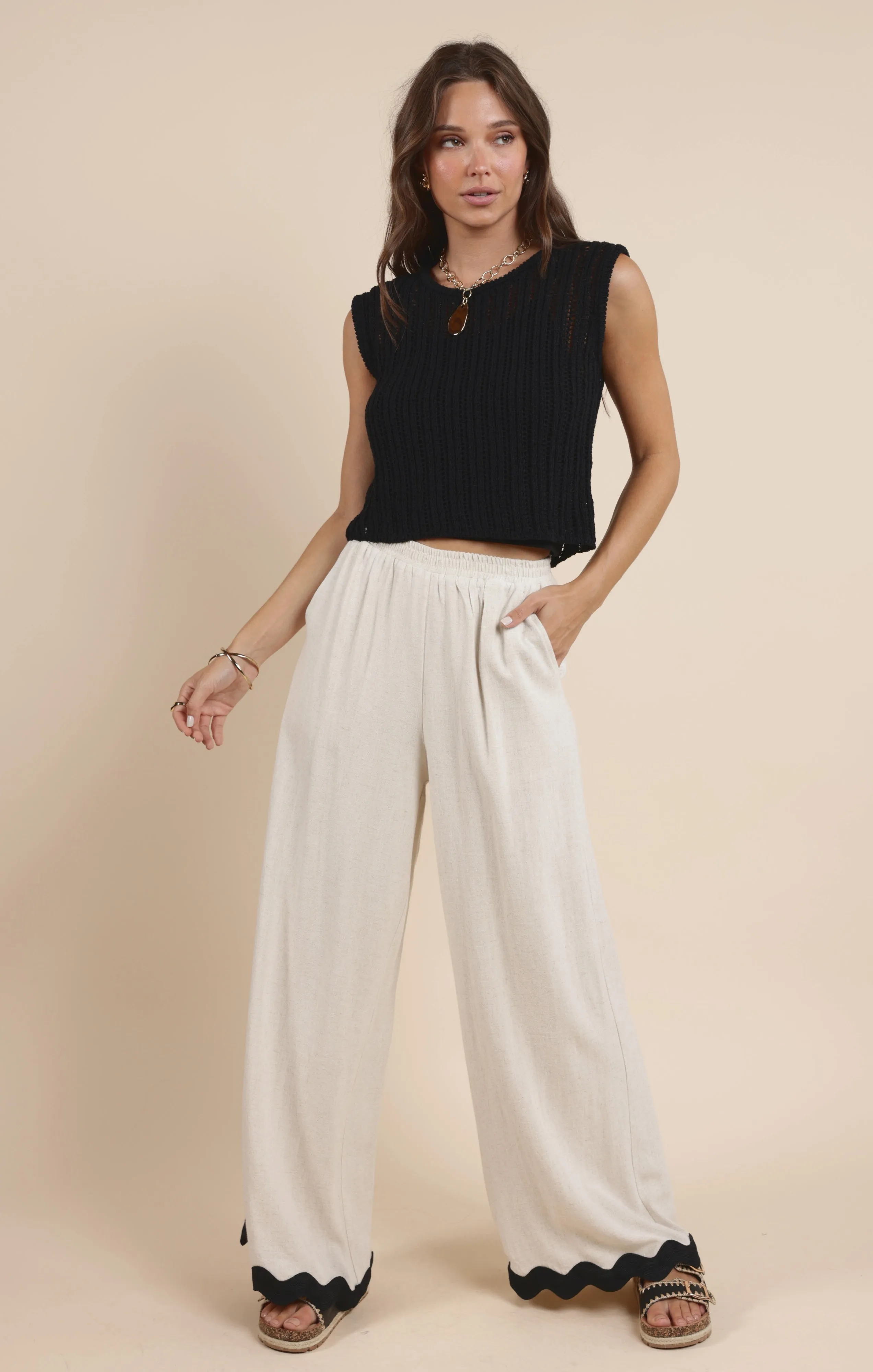 Sugarloaf Wavy Trim Elastic Pants, Oatmeal | Sadie & Sage sold by North & Main Clothing Company product image thumbnail 2