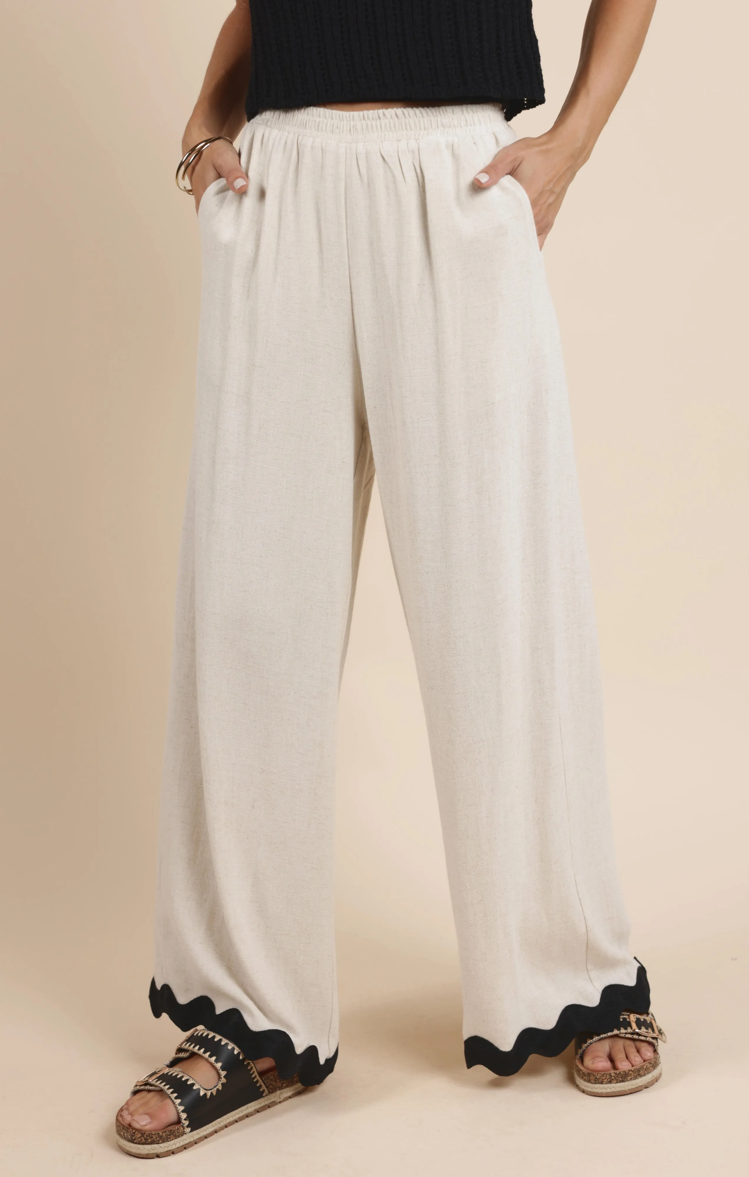 Sugarloaf Wavy Trim Elastic Pants, Oatmeal | Sadie & Sage sold by North & Main Clothing Company