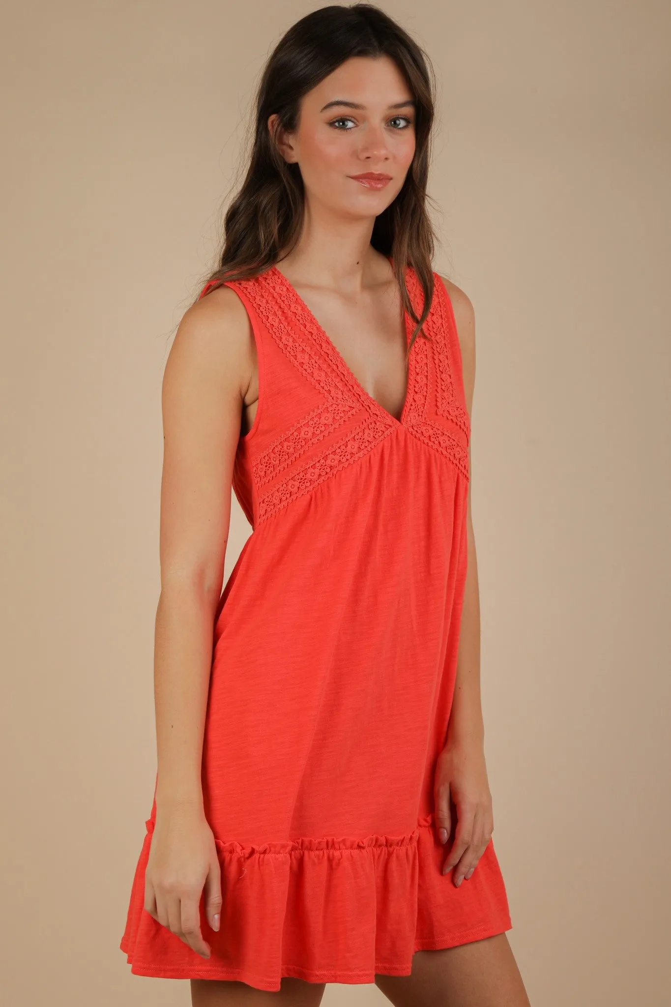 Calista Trim Detail V-Neck Mini Dress, Coral sold by North & Main Clothing Company product image thumbnail 5