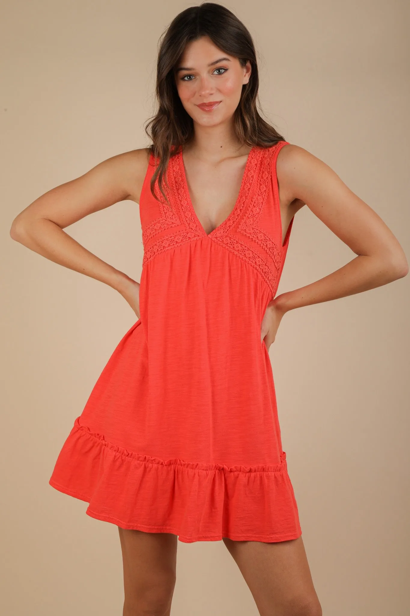 Calista Trim Detail V-Neck Mini Dress, Coral sold by North & Main Clothing Company