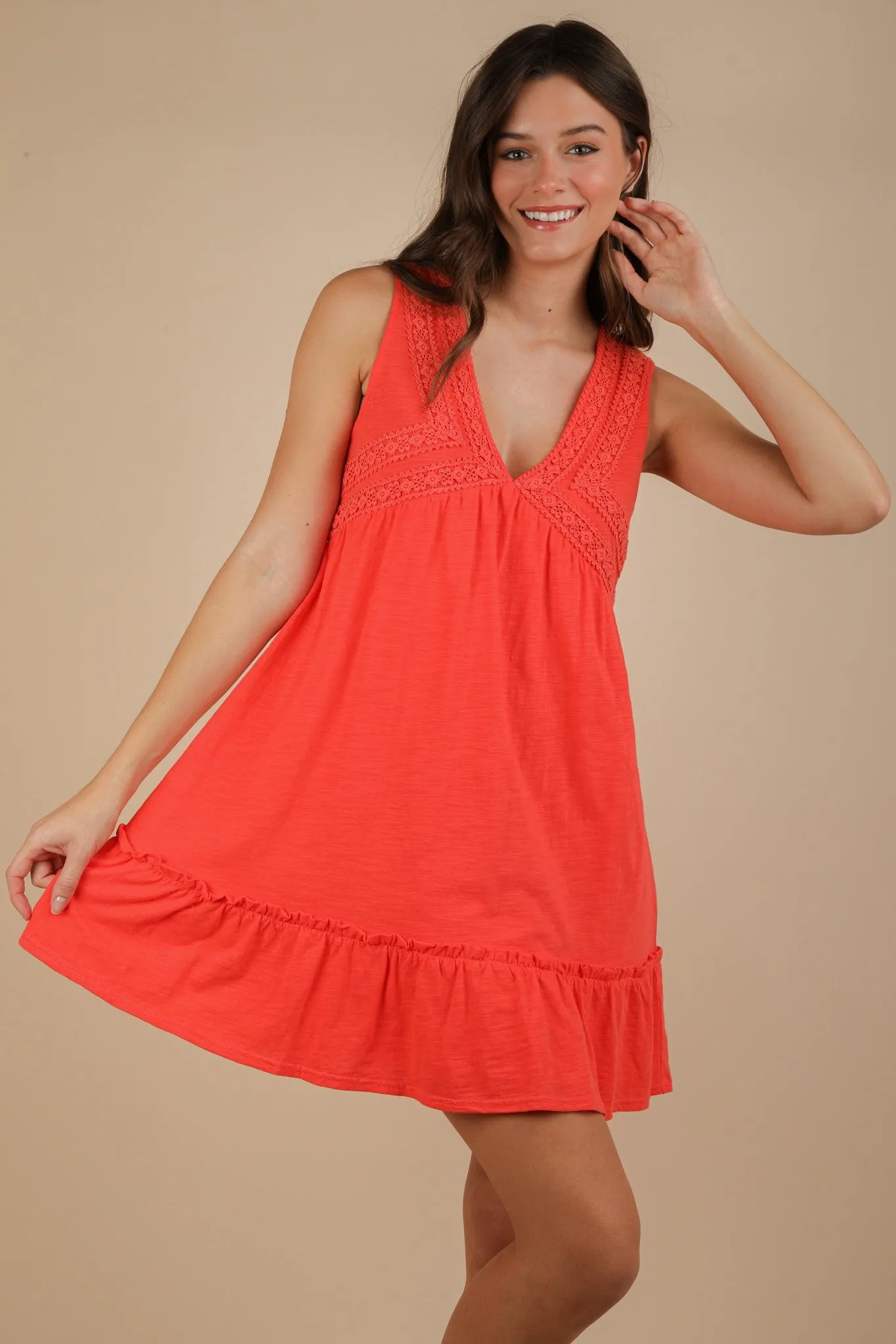 Calista Trim Detail V-Neck Mini Dress, Coral sold by North & Main Clothing Company product image thumbnail 4