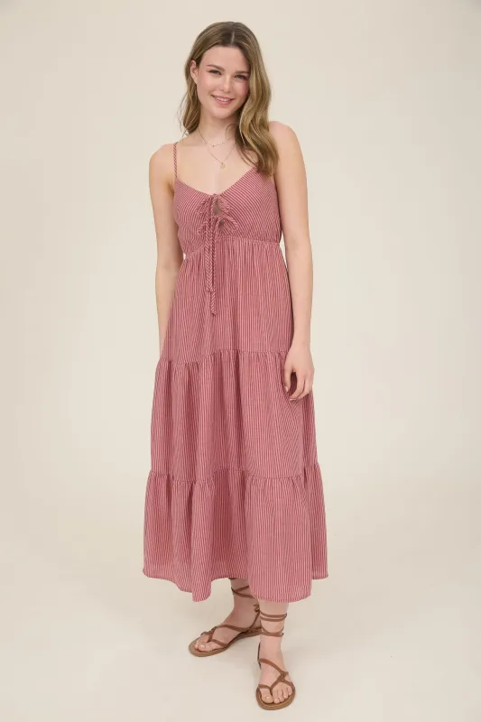 Aurora Striped Front Tie Cutout Dress, Mauve made by Blu Pepper