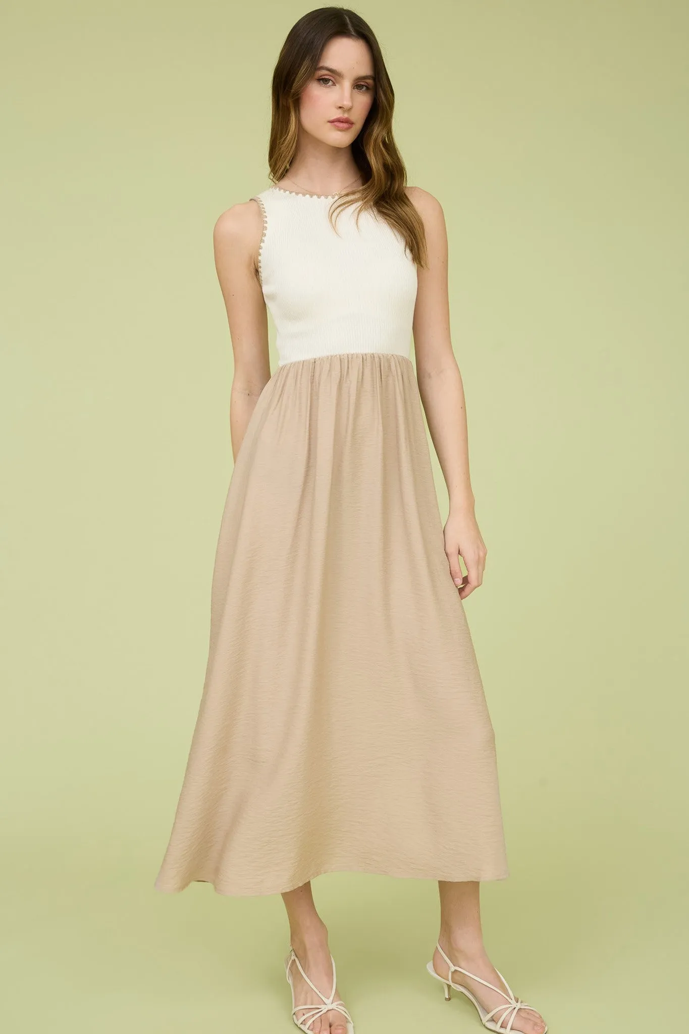 Lily Contrast Trim Mixed Media Dress, Khaki sold by North & Main Clothing Company