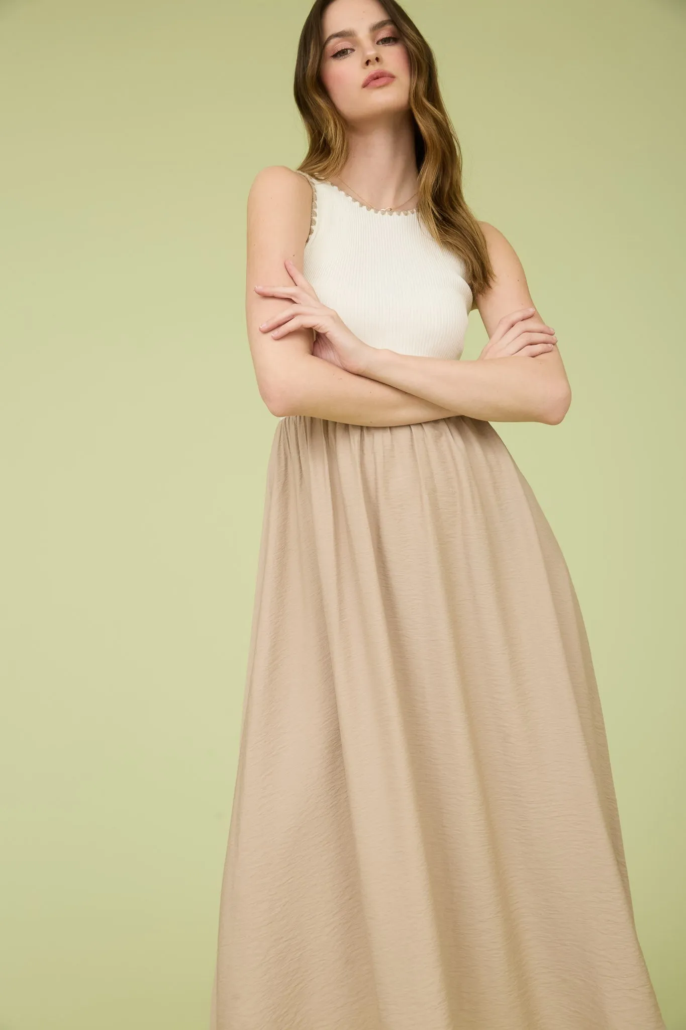 Lily Contrast Trim Mixed Media Dress, Khaki sold by North & Main Clothing Company product image thumbnail 2