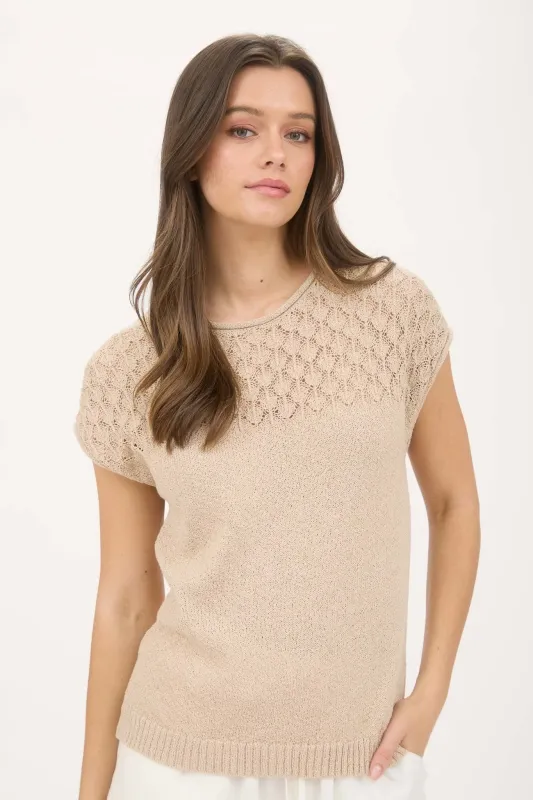 Ruby Eyelet Yoke Sweater Top, Light Khaki sold by North & Main Clothing Company