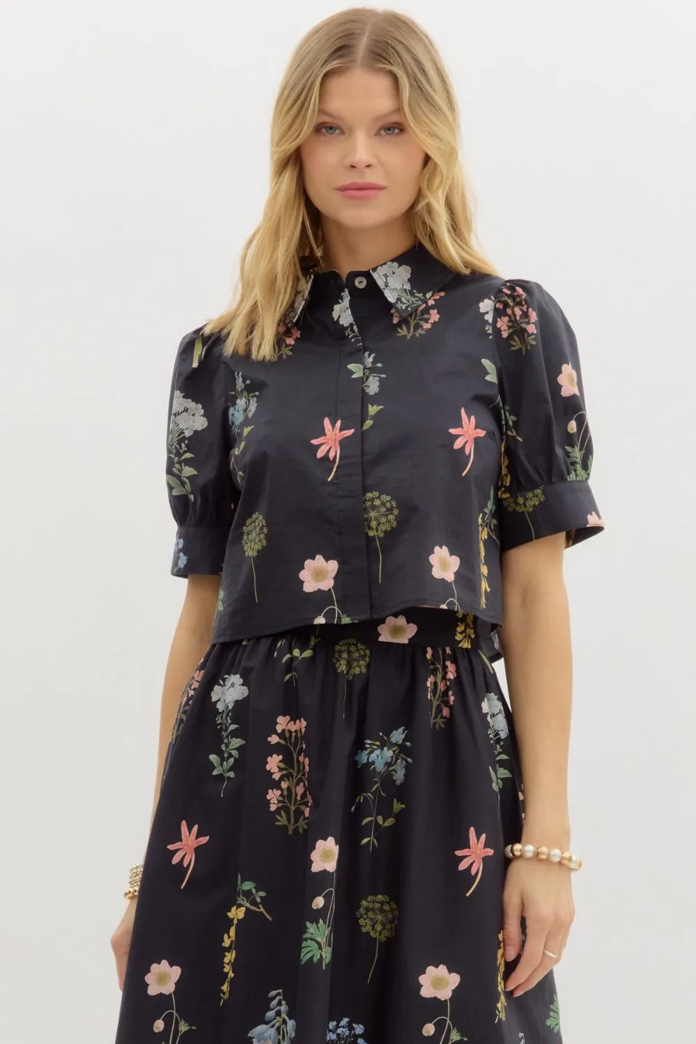 Evelyn Puff Sleeve Floral Print Top, Black sold by North & Main Clothing Company