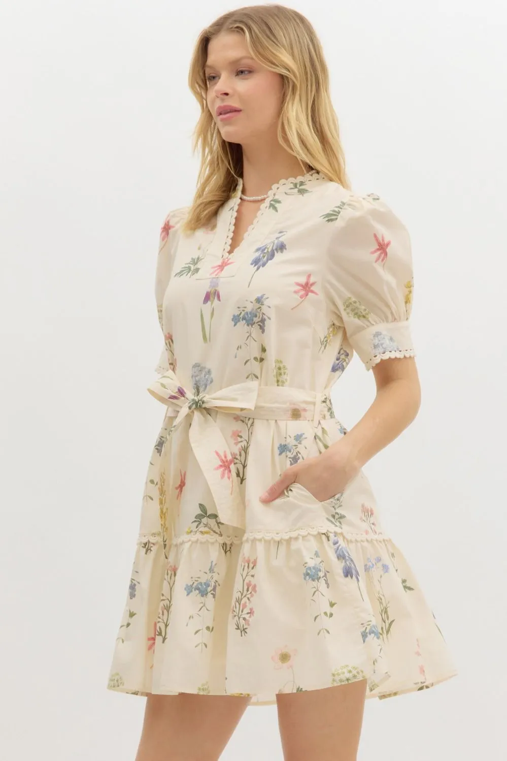 Ava Floral Scallop Trim Dress, Cream sold by North & Main Clothing Company product image thumbnail 4