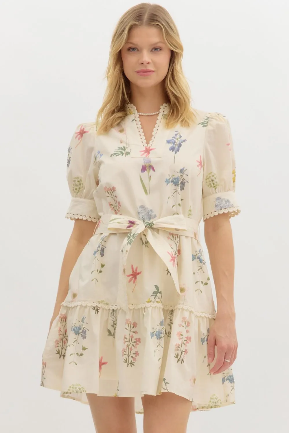 Ava Floral Scallop Trim Dress, Cream sold by North & Main Clothing Company