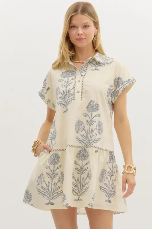 Isabella Printed Collared Mini Dress, Cream made by entro