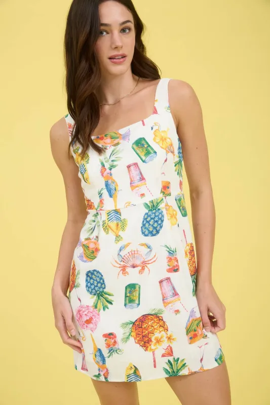 Mia Summer Printed Linen Mini Dress, Ivory Multi made by Blu Pepper