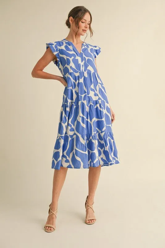 Emma Printed Flutter Sleeve Midi Dress, Blue sold by North & Main Clothing Company