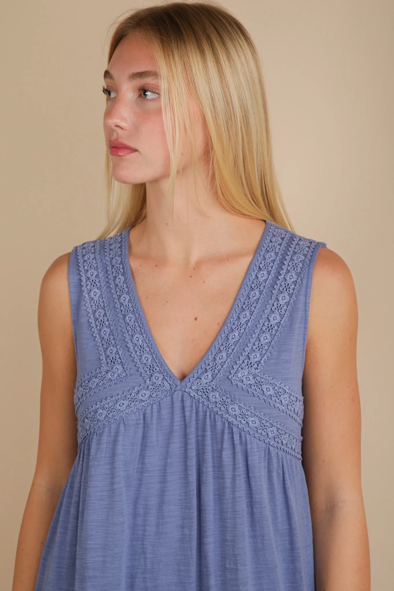 Calista Trim Detail V-Neck Mini Dress, Denim sold by North & Main Clothing Company product image thumbnail 3