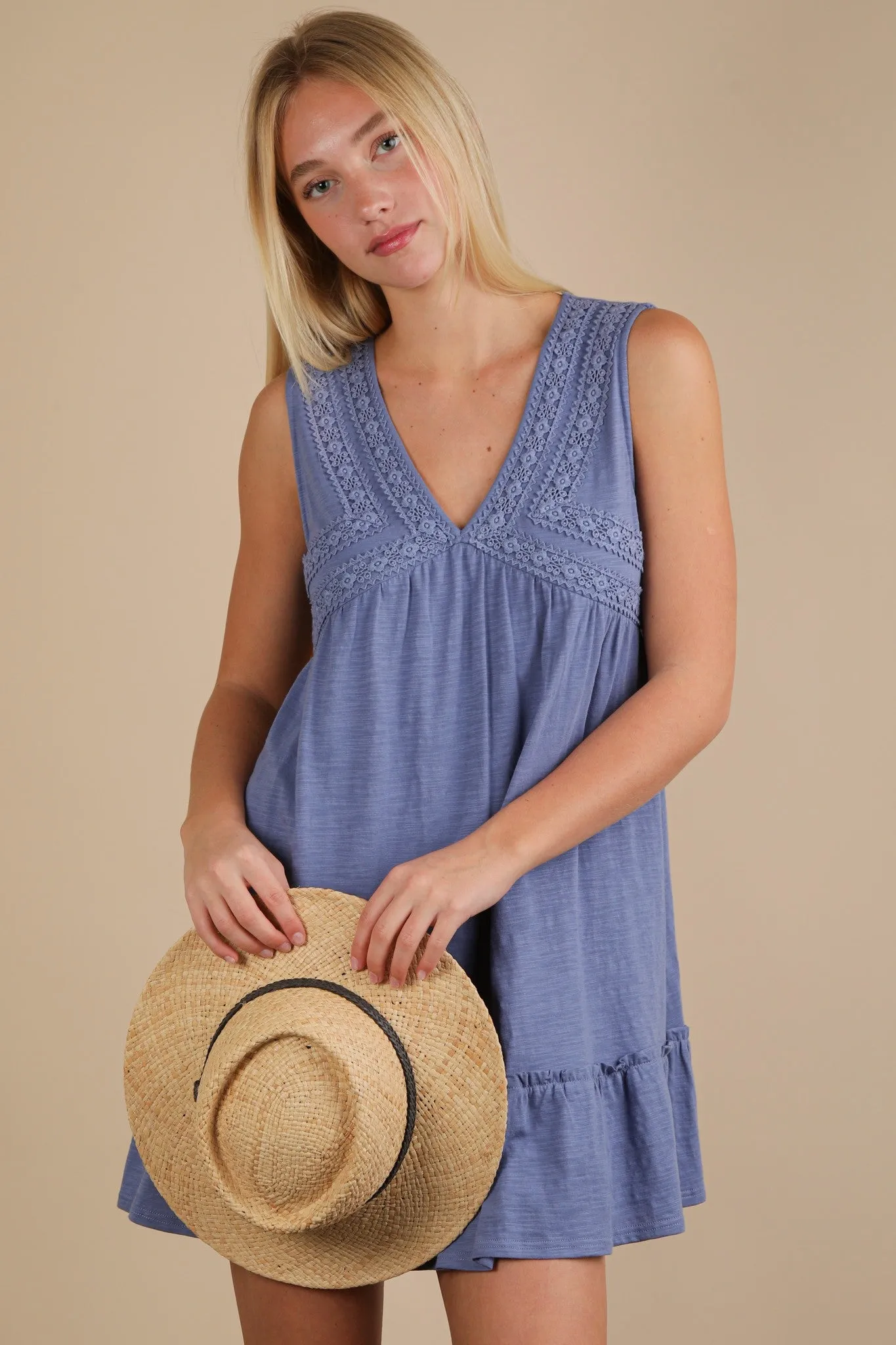 Calista Trim Detail V-Neck Mini Dress, Denim sold by North & Main Clothing Company