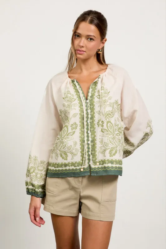 Darcy Border Print Button Front Top, Cream-Olive sold by North & Main Clothing Company