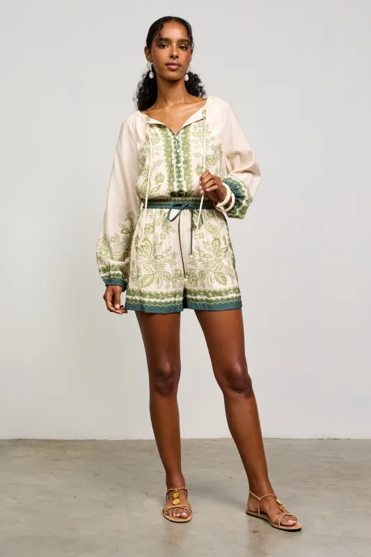 Darcy Border Print Shorts, Cream-Olive made by Skies Are Blue