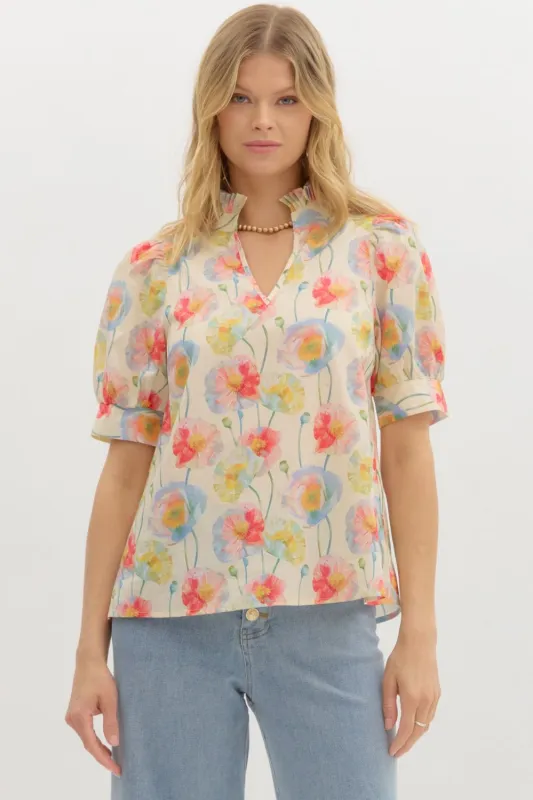 Harlee Floral Ruffle Neck Top, Cream sold by North & Main Clothing Company