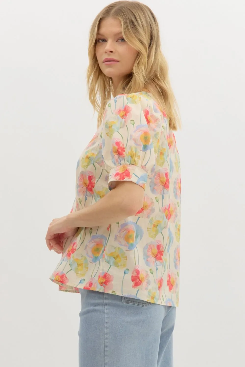 Harlee Floral Ruffle Neck Top, Cream sold by North & Main Clothing Company product image thumbnail 5