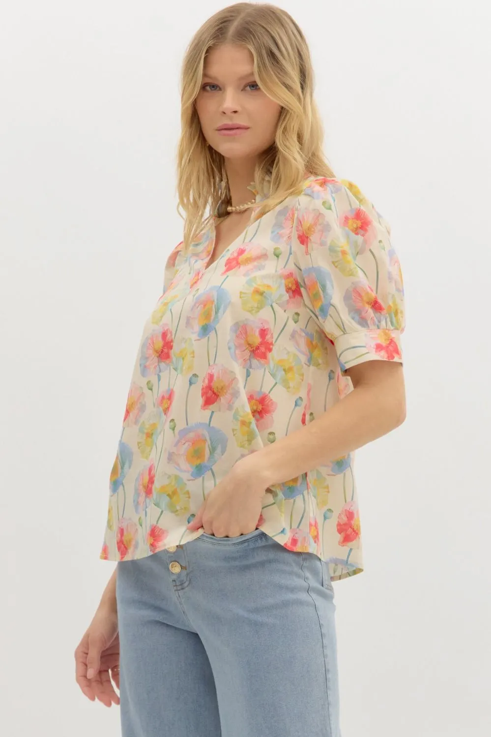 Harlee Floral Ruffle Neck Top, Cream sold by North & Main Clothing Company product image thumbnail 4