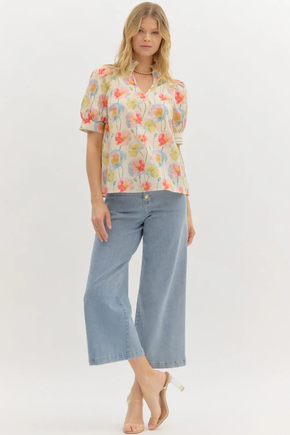 Harlee Floral Ruffle Neck Top, Cream sold by North & Main Clothing Company product image thumbnail 2