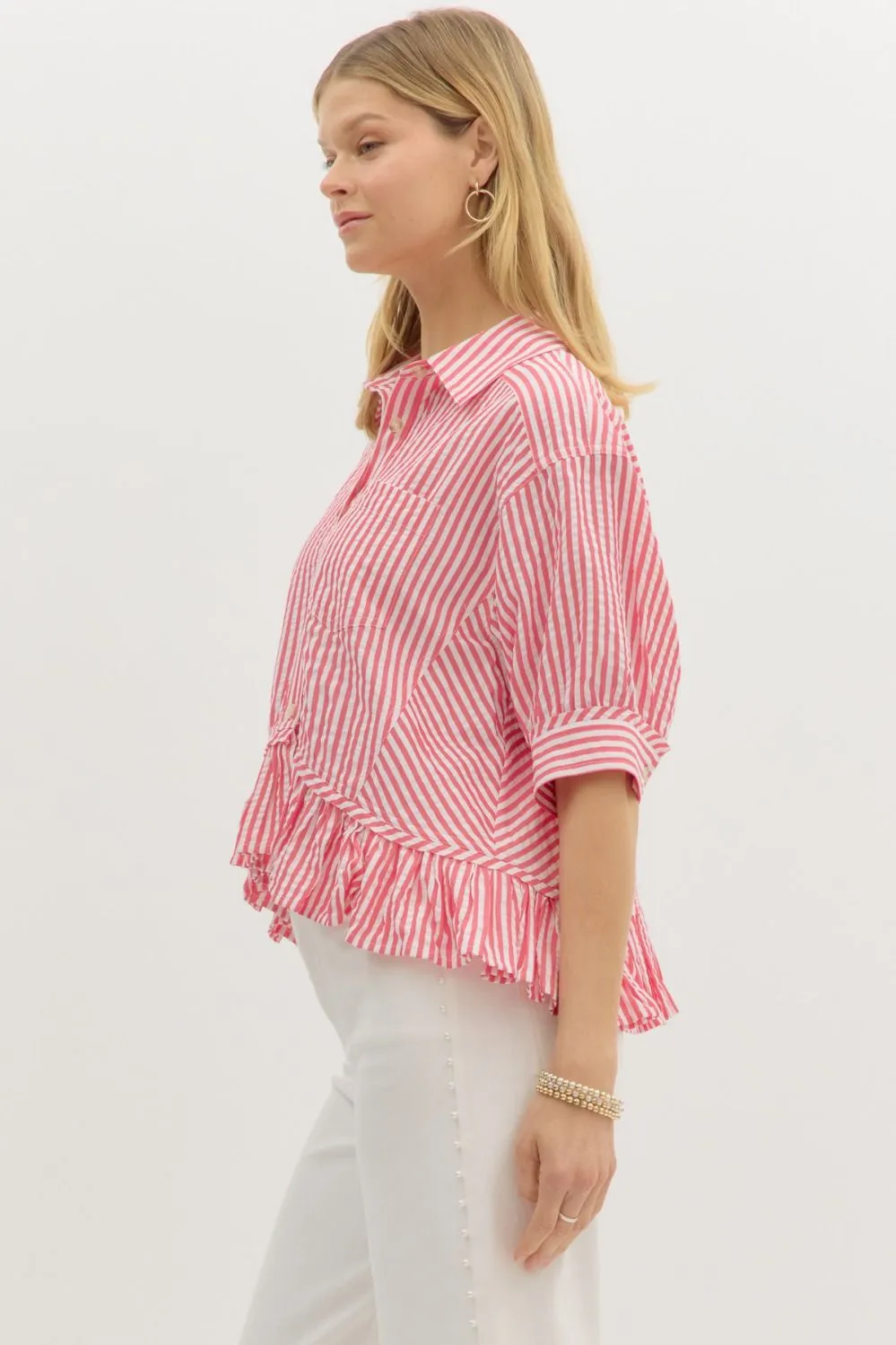 Indie Striped Ruffle Hem Button Up Top, Pink sold by North & Main Clothing Company product image thumbnail 5