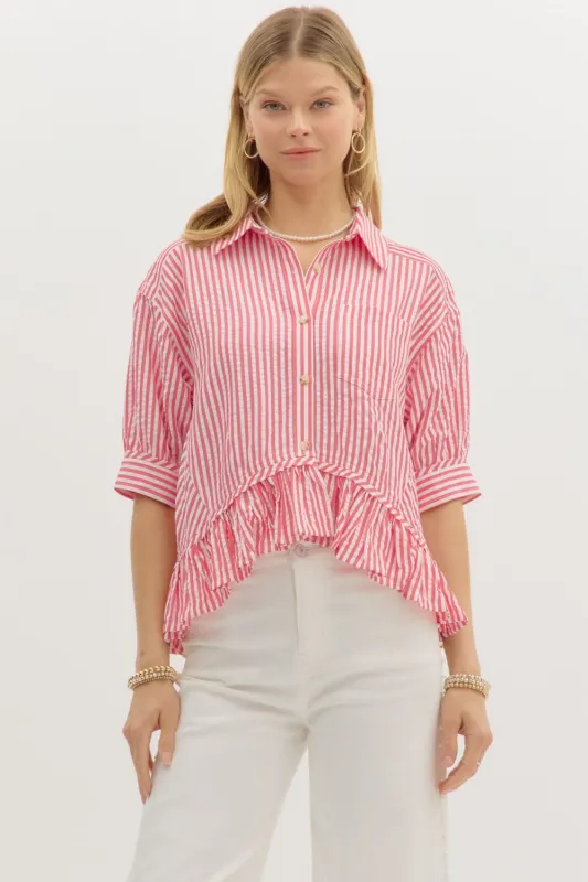 Indie Striped Ruffle Hem Button Up Top, Pink sold by North & Main Clothing Company