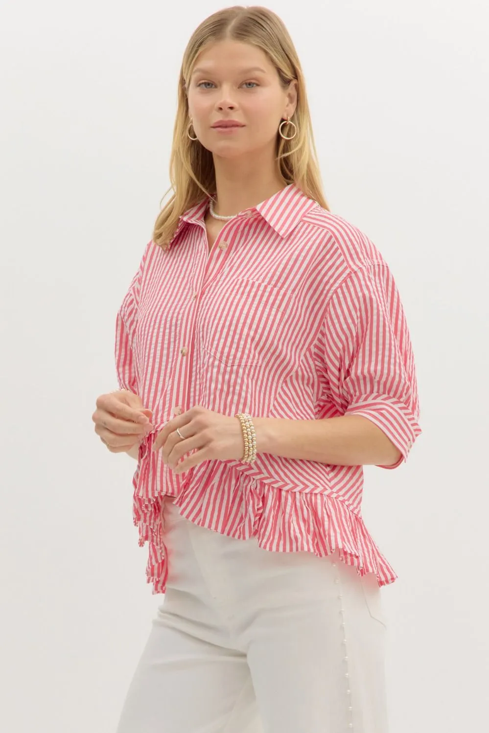 Indie Striped Ruffle Hem Button Up Top, Pink sold by North & Main Clothing Company product image thumbnail 4