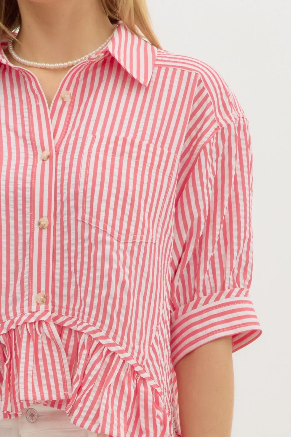 Indie Striped Ruffle Hem Button Up Top, Pink sold by North & Main Clothing Company product image thumbnail 3
