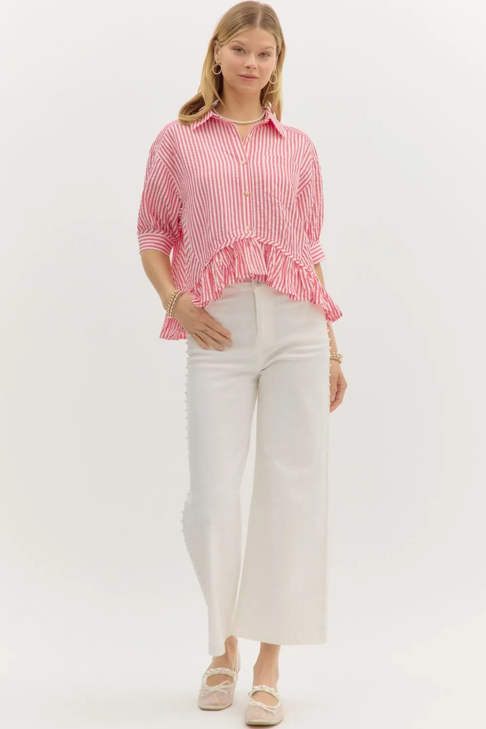 Indie Striped Ruffle Hem Button Up Top, Pink sold by North & Main Clothing Company product image thumbnail 2